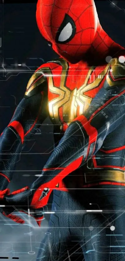 Dynamic superhero in tech-themed mobile wallpaper.