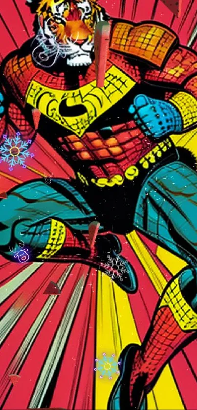 Dynamic comic art of a superhero tiger with vibrant colors.