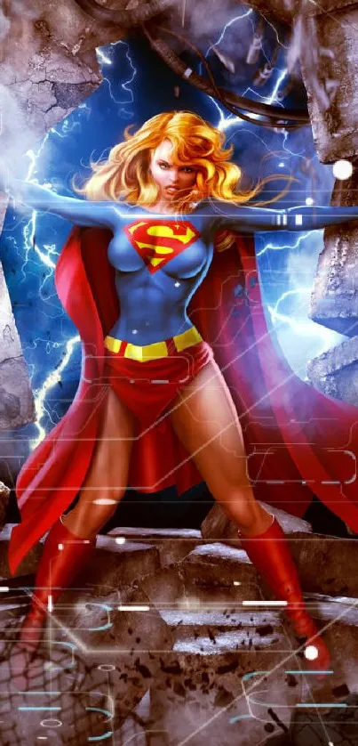 Powerful superheroine breaks through debris, lightning background.