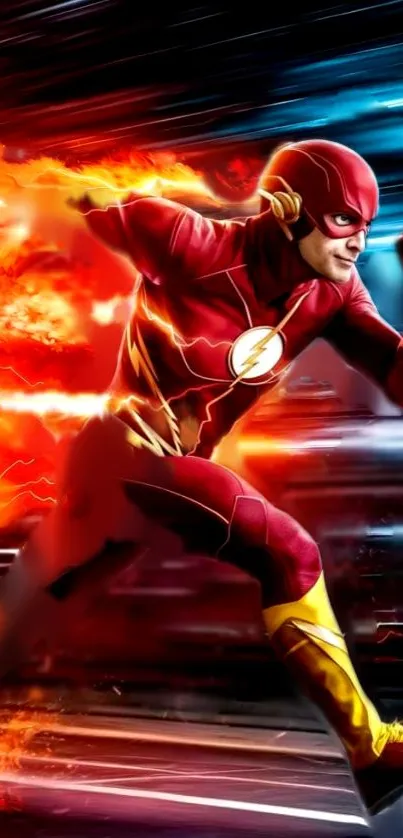 Superhero character running with fiery effects in red costume.