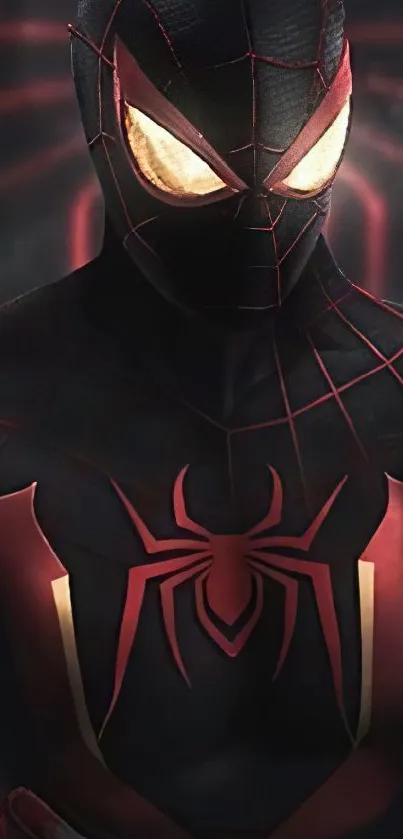 Shadowy superhero with glowing eyes and web details on a dark background.