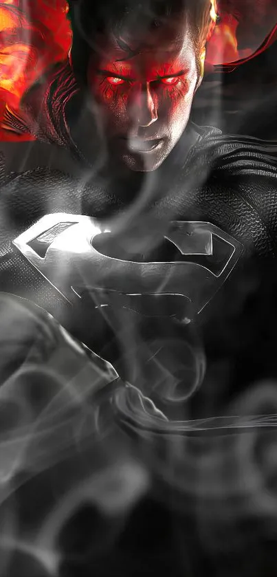 Superman in black and red with smoky effects for mobile wallpaper.