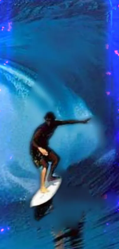 Surfer riding a blue wave with vibrant colors on a mobile wallpaper.