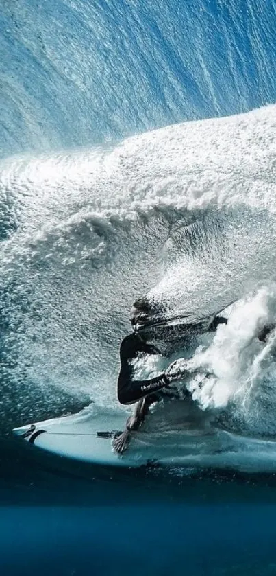 Surfer riding a massive wave in a stunning ocean scene.