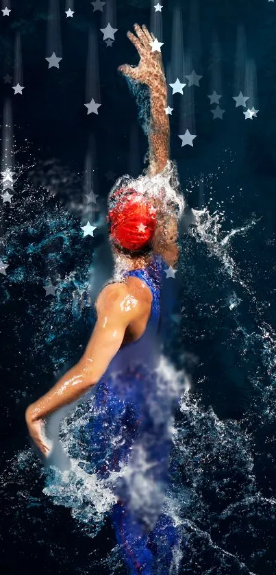 Swimmer with stars in water on bold navy background.