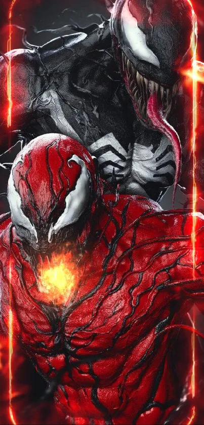 Dynamic symbiote duo in red and black showcased on a striking mobile wallpaper.