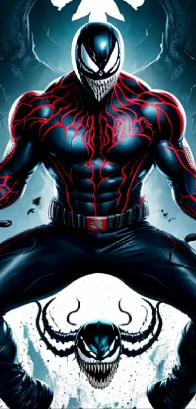 Dynamic symbiote character in dark tones with vivid accents on mobile wallpaper.