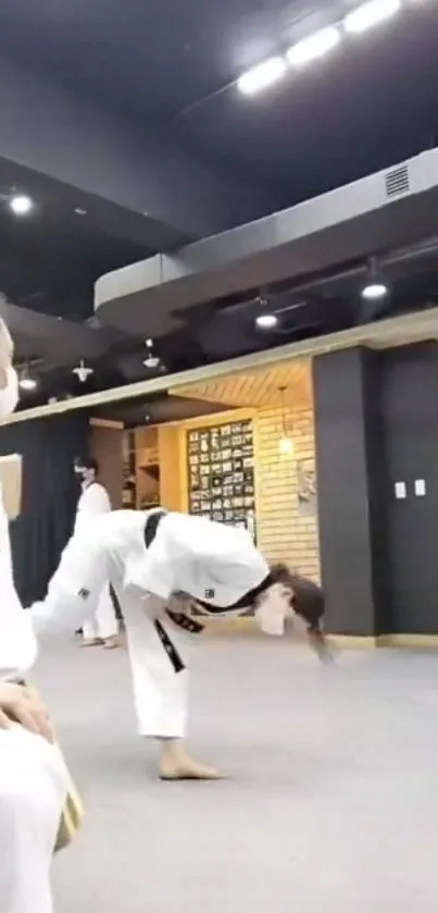 Athlete performing taekwondo kick in dojo.