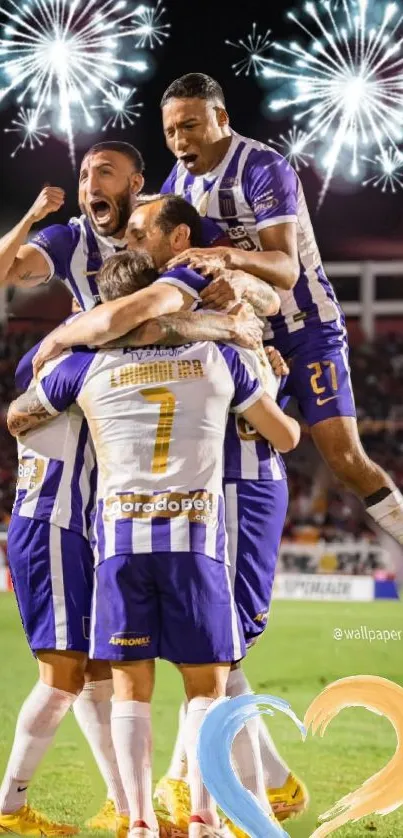 Team celebrating victory under night fireworks display.