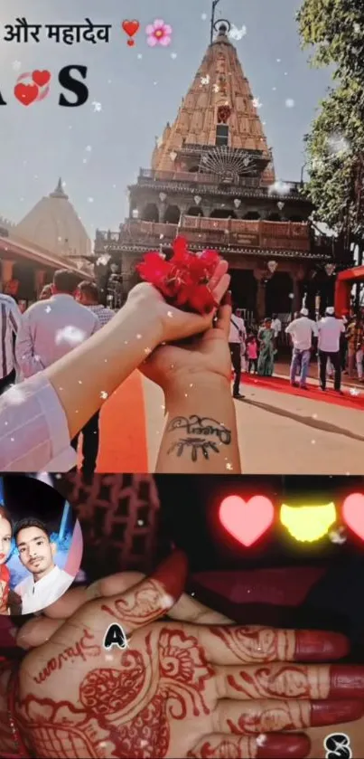 Couple holding hands at a vibrant temple with henna designs and a red rose.