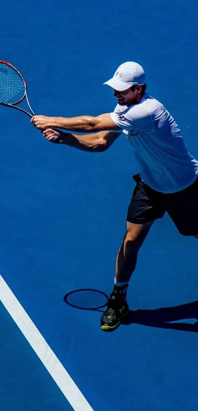 Tennis player hitting a ball on a blue court during an action-packed moment.