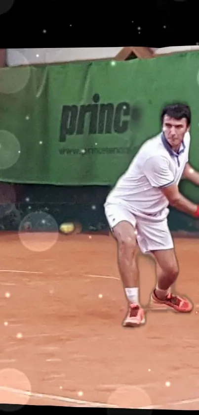 Tennis player in action on clay court with racket, captured in dynamic motion.