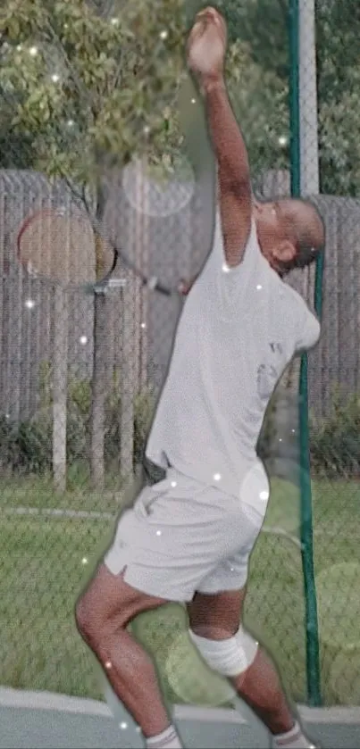 Tennis player mid-serve on outdoor court.