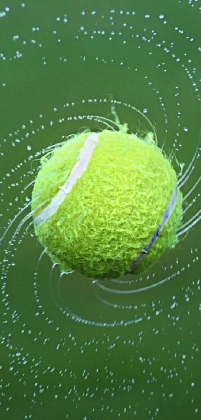 Close-up of a tennis ball spinning with water droplets, set against a green background.