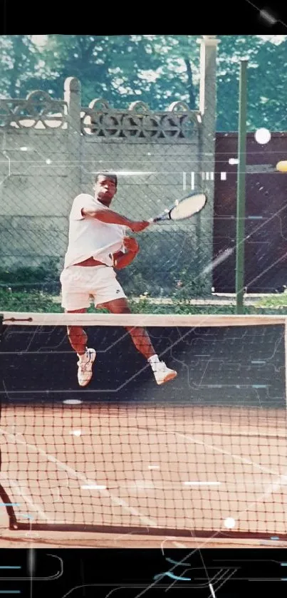 Tennis player leaps for a shot on outdoor court.