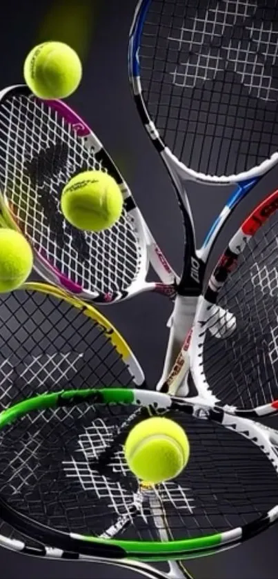 Tennis rackets with neon tennis balls on a dark background wallpaper.