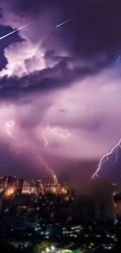 A vibrant lightning storm over a nighttime cityscape.