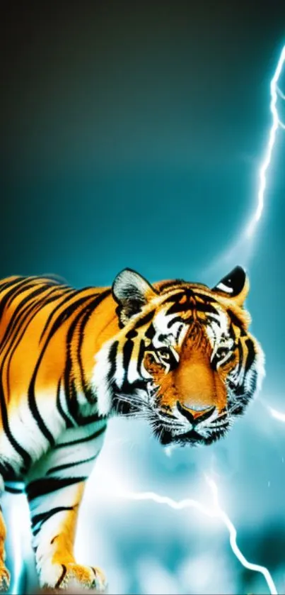 Striking mobile wallpaper with a tiger and lightning in teal hues.