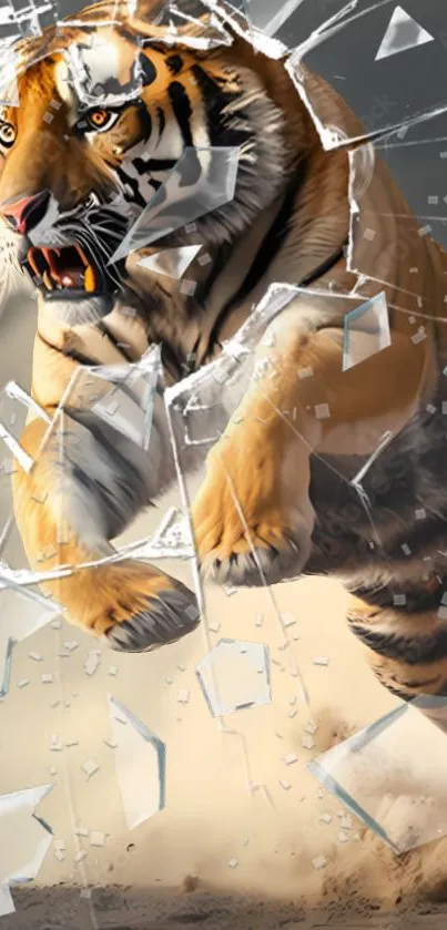 Tiger breaking through glass wallpaper in dynamic motion, showcasing wild power.