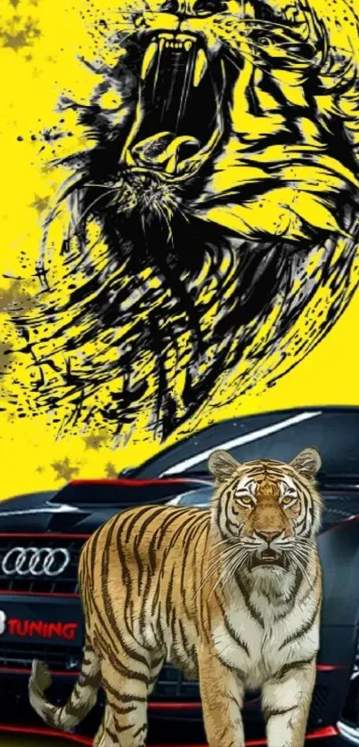 Roaring tiger with sports car on vibrant yellow background.