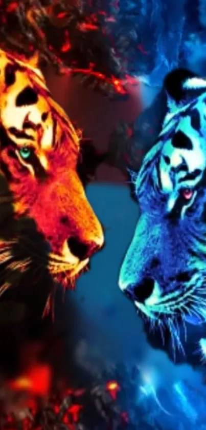 Blue and orange tiger digital art wallpaper.