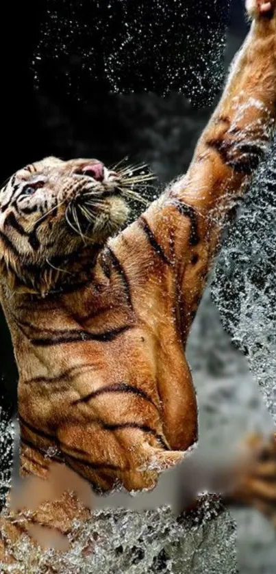 Majestic tiger leaps through water splash in dynamic wallpaper.