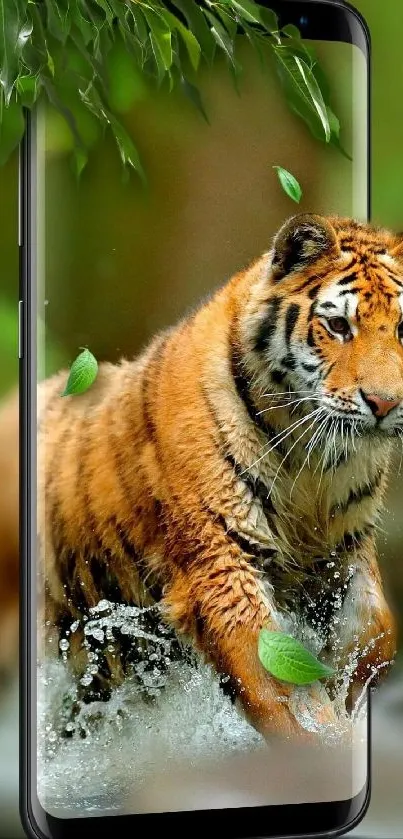 Tiger leaping through water on phone screen, surrounded by nature.