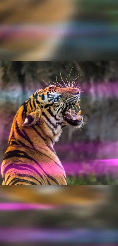 Vibrant tiger roaring in nature with colorful streaks on mobile wallpaper.