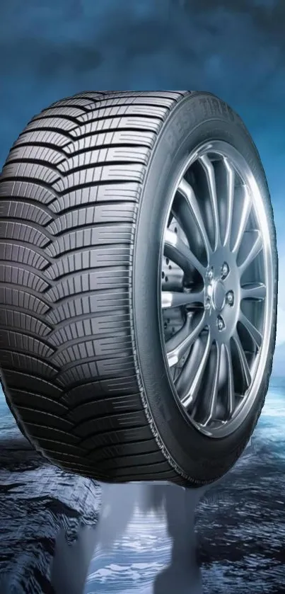 High-performance tire on reflective surface with a blue backdrop.