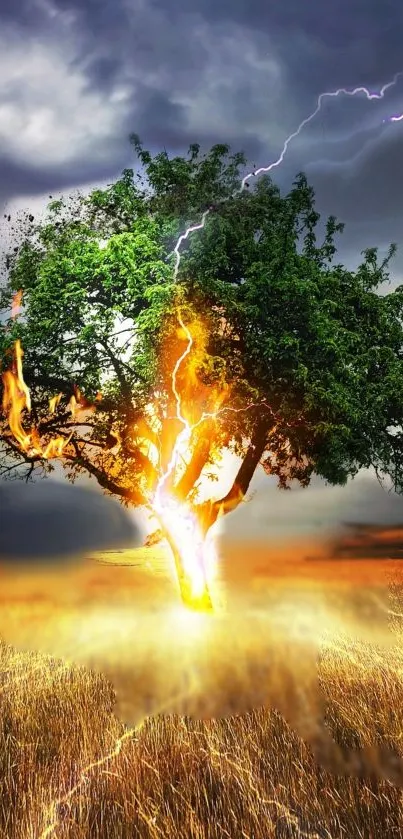 Vibrant tree surrounded by lightning and fire in a dramatic storm scene.