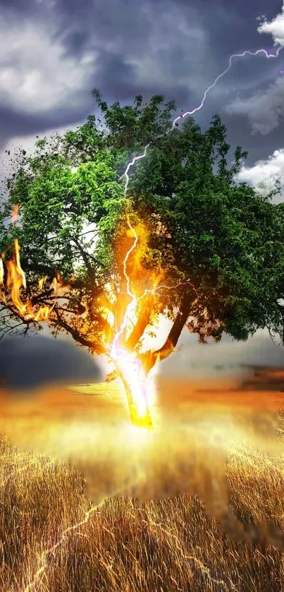 Dynamic tree with lightning strike and fire in a stormy field.