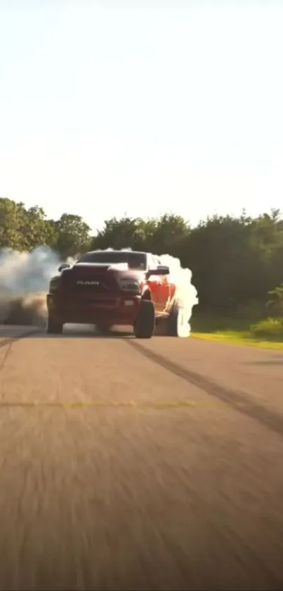 Dynamic truck drifting on scenic road with smoke trail.