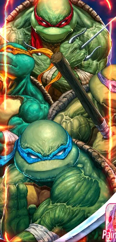 Dynamic art of turtle warriors in vibrant colors.