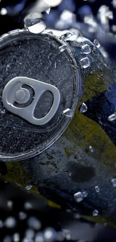 Can with bubbles in dark underwater scene, dynamic and vibrant.