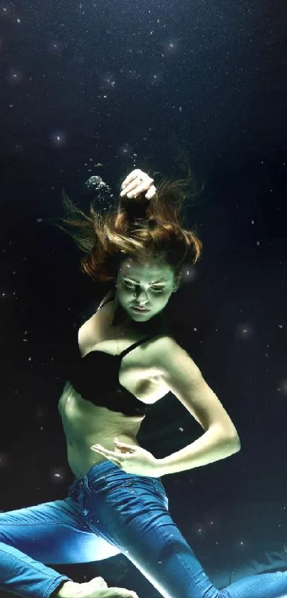 Dynamic underwater dance in dark blue hues.