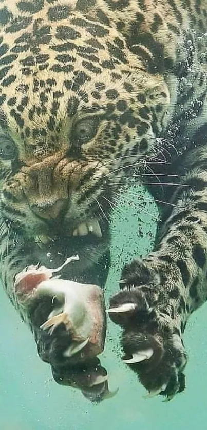 Jaguar diving underwater with intense focus and power.