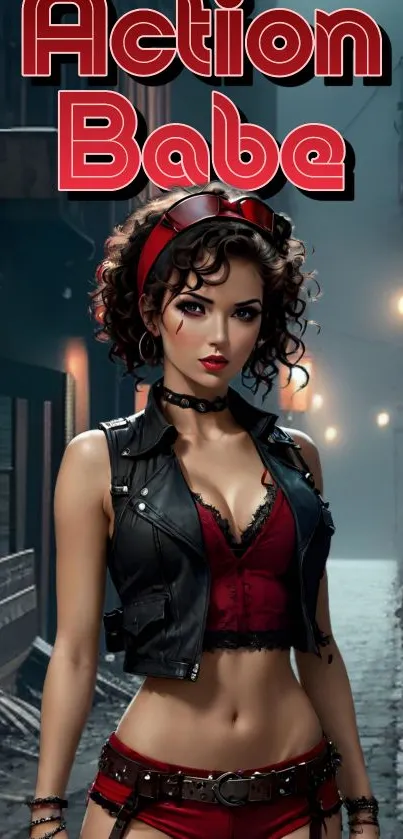 Urban action wallpaper featuring a strong female character in a dark alley.