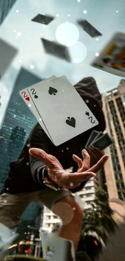 Hand tossing playing cards in dynamic urban setting with skyscrapers.