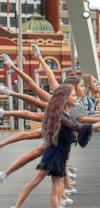 Urban dance group in dynamic pose on a city bridge.