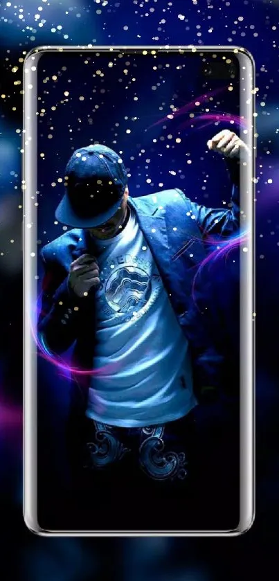 Wallpaper of stylish dancer with vibrant blue and purple hues.