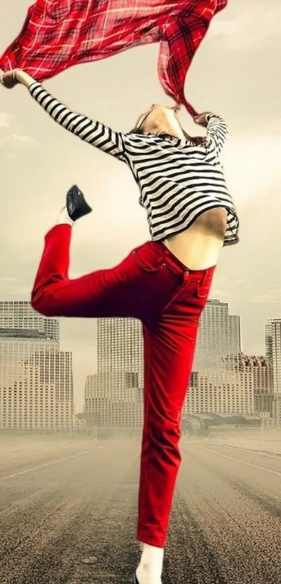 Energetic dancer leaps against a city skyline, with vibrant red elements.