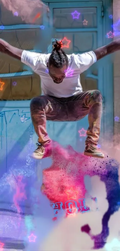 Man jumps with colorful smoke and star effects, urban art style.