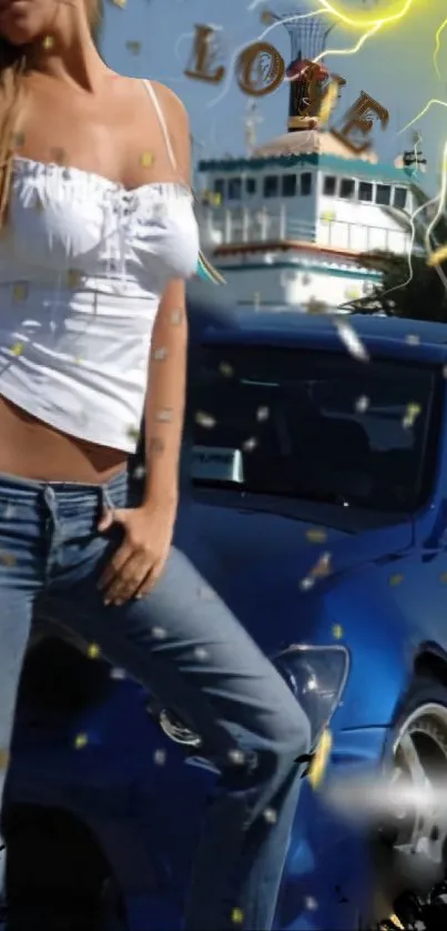 Stylish woman with a blue car and lightning effect in urban setting.