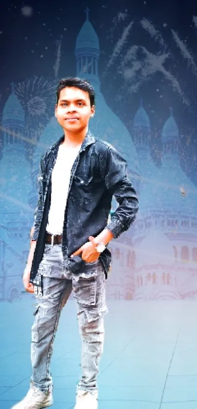 Young man in denim against urban nightscape with fireworks.