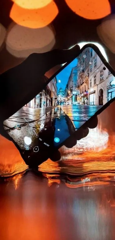 Phone displaying city street reflection at night.