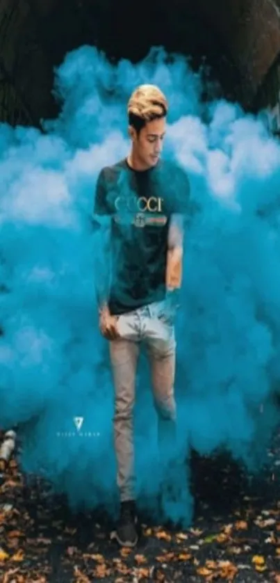 Model surrounded by vibrant blue smoke in an urban alley.