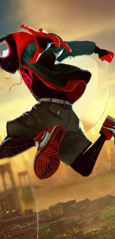 Animated spider-themed hero leaps over a stylized cityscape at sunset.