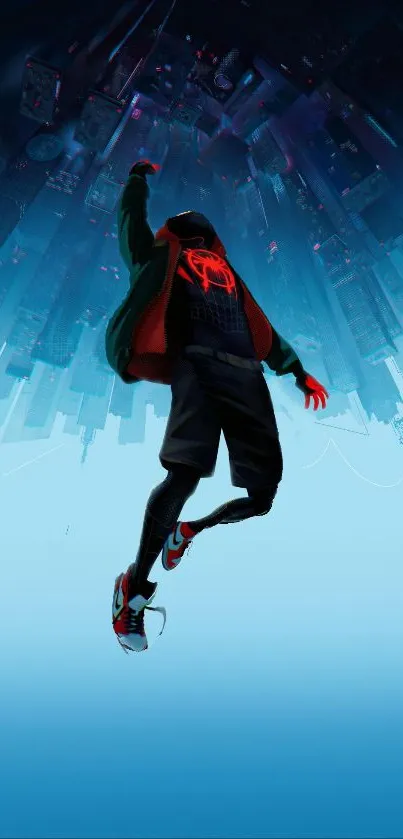 Spiderman leaps through vibrant cityscape in dynamic wallpaper.