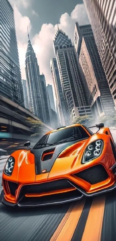 Orange supercar driving in urban cityscape.