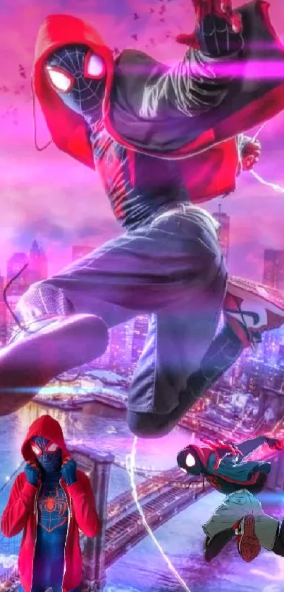 Superhero leaping through vibrant cityscape wallpaper.